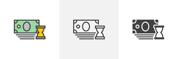 Payment history icon. Line, glyph and filled outline colorful version, hourglass and money outline and filled vector sign. Time is money symbol, logo illustration. Different style icons set. 