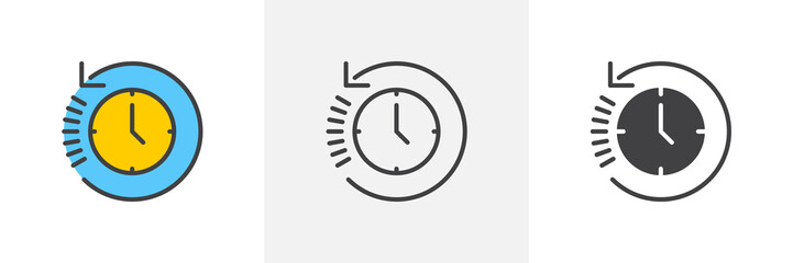 History, clock with arrow around icon. Line, glyph and filled outline colorful version, time back outline and filled vector sign. Symbol, logo illustration. Different style icons set. Vector graphics