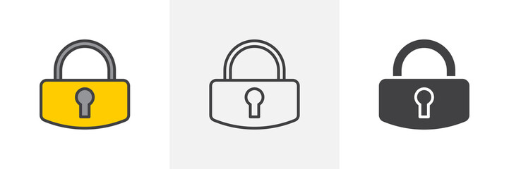 Lock, password icon. Line, glyph and filled outline colorful version, Locked padlock outline and filled vector sign. Symbol, logo illustration. Different style icons set. Vector graphics