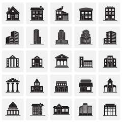 Buildings icons set on squares background for graphic and web design. Simple vector sign. Internet concept symbol for website button or mobile app.