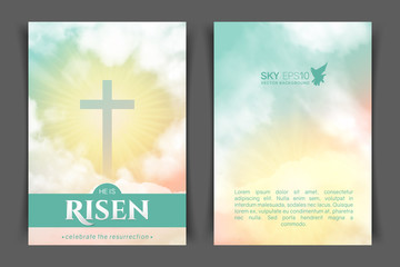 Christian religious design for Easter celebration. Two-sided vertical flyer. Text: He is risen, shining Cross and heaven with white clouds.