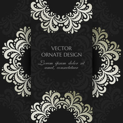 Silver floral motif. Square card with decoration elements  on the black background.