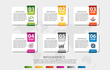 Modern 3D vector illustration. Infographic template with six elements, figures, rectangles, icons. Designed for business, presentations, web design, applications, interfaces, diagrams with 6 steps
