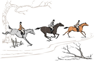 Eglish equestrian sport fox hunting style horse rider. England landscape steeplechase tradition. Galloping horses and men. Vector hand drawn vintage equitation race background.