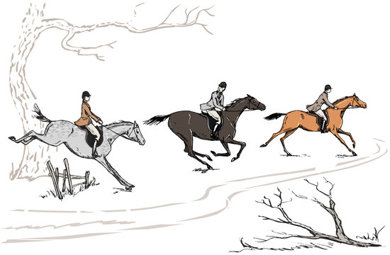 Eglish equestrian sport fox hunting style horse rider. England landscape steeplechase tradition. Galloping horses and men. Vector hand drawn vintage equitation race background.