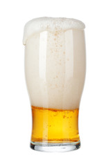 Single glass of beer close up isolated on white background