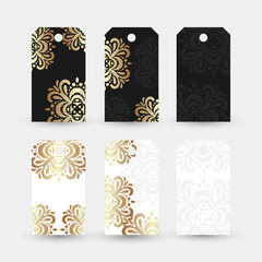 Bronze floral motif. Labels collection with ornaments on the white and black background.
