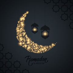 Ramadan Kareem greeting card with handwritten inscription holiday greetings, gold sparks crescent moon and arabic lanterns. Vector illustration.