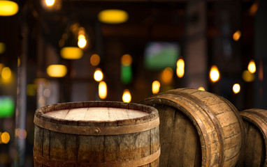 blurred background of bar and dark brown desk space of retro wood