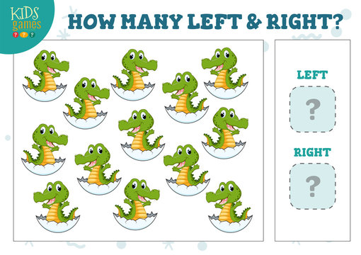 How many left and right cartoon crocodile in the egg kids counting game vector illustration