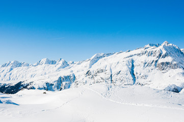 Fototapeta na wymiar Riederalp, fusshörner, Grosses Fusshorn, Aletschgletscher, Beichgletscher, Wallis, Alpen, Winter, Wintersport, Schweiz