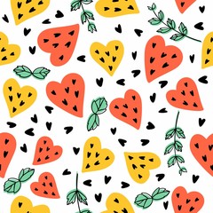 Seamless vector pattern with watermelons hearts and mint.Bright summer background.