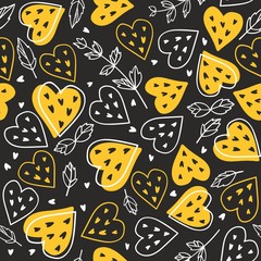 Seamless vector pattern with watermelons hearts and mint.Bright summer background.
