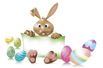 Osterhase mit Schild von kugelnde, liegende und stehende pastellfarbigen Ostereier umgeben