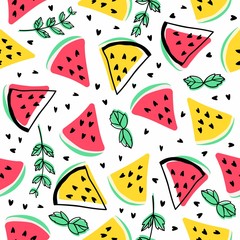 Seamless vector pattern with watermelons and mint.Bright summer background.