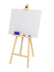 Empty easel with empty whiteboard (magnetic board) isolated on white. Mockup template - 3D rendering