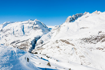 Fototapeta na wymiar Riederalp, Fusshörner, Grosses Fusshorn, Aletsch, Beichgletscher, Winter, Wallis, Alpen, Schweiz