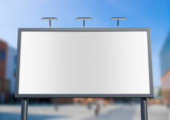 Obraz premium 3D rendering of blank billboard (empty advertisement) with city background. Empty mockup template