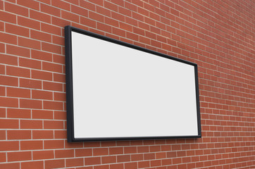 3D rendering of blank billboard (empty advertisement) on brick wall. Empty mockup template	