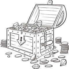 Opened wooden chest with treasures. Vintage sketch vector illustration