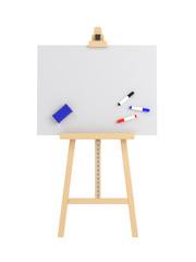 Empty easel with empty whiteboard (magnetic board) isolated on white. Mockup template - 3D rendering