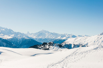 Fototapeta na wymiar Riederalp, Matterhorn, Walliser Berge, Alpen, Aletsch, Höhenweg, Winter, Wintersport, Schweiz