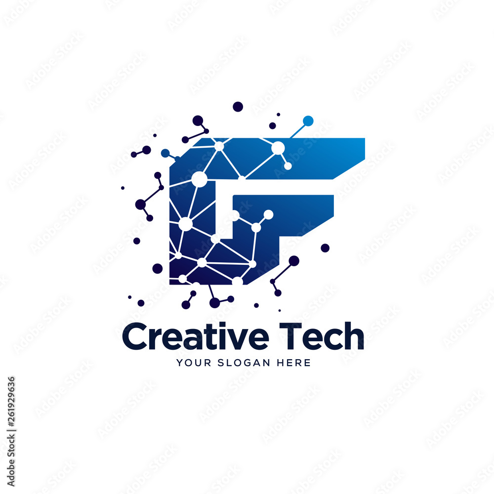 Poster f initial tech logo designs vector with unique circuit