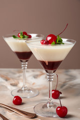 Glasses of delicious panna cotta on color table