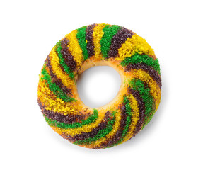 Festive cake for Mardi Gras (Fat Tuesday) holiday on white background