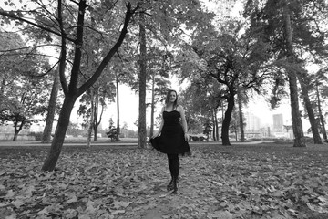 Princess in a vintage dress. Walk along the picturesque autumn hills at sunset. Photo of a brunette girl . Artistic Photo. girl in a black dress walking the park