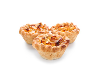 Tasty apple pies on white background