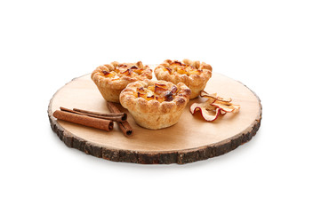 Tasty apple pies on white background