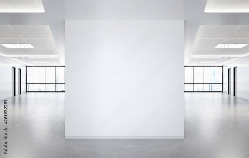 Poster Blank squared wall in office mockup with large windows and sun passing through 3D rendering