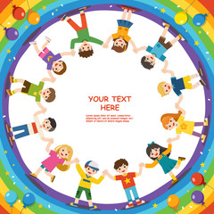 Obraz premium Children's activities. Happy children are jumping on rainbow background.Template for advertising brochure.