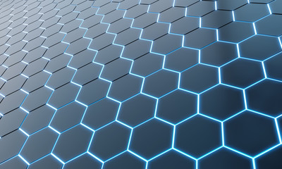 Glowing black and blue hexagons background pattern on silver metal surface 3D rendering