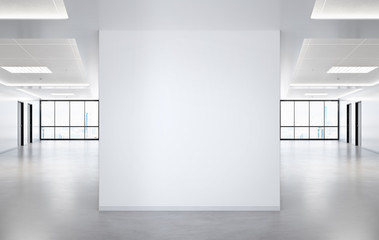 Blank squared wall in office mockup with large windows and sun passing through 3D rendering
