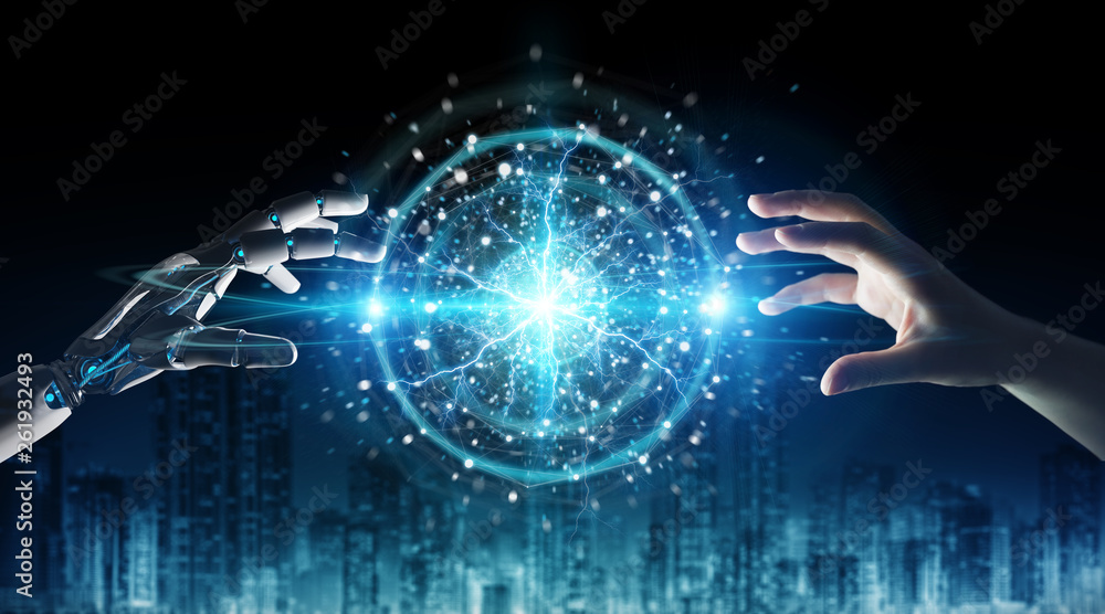 Leinwandbilder robot hand and human hand touching digital sphere network on dark background 3d rendering