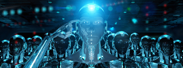 Group of male robots following leader cyborg army 3d rendering
