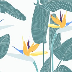 Exotic blue palms leaves and strelitzia flowers, white background. Floral seamless pattern. Tropical illustration. Summer beach design. Paradise nature. 
