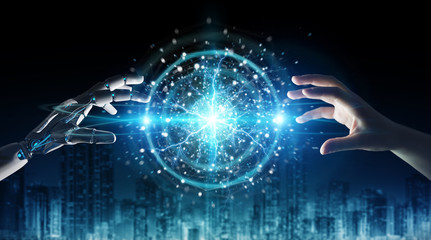 Robot hand and human hand touching digital sphere network on dark background 3D rendering