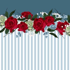 Horizontal striped pattern with red roses, leaves and herbs. Cute wedding floral design frame. Banner stripe element.