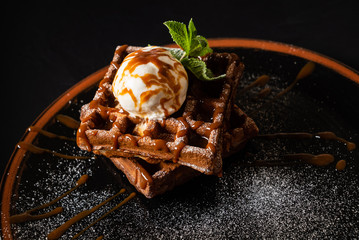 Plate of belgian waffles with chocolate sauce and ice cream