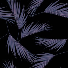 Fototapeta premium Violet coconut palm leaves by hand drawing and sketch with line-art seamless pattern on black backgrounds.