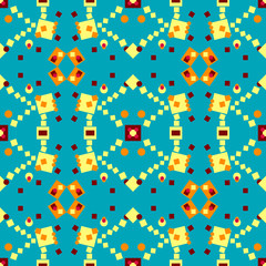Contrast decorative abstract seamless ornament in the Memphis style. Brown, crimson, yellow, orange geometric shapes on a blue background. Seamless vector for texture of fabric, paper, tile, etc.