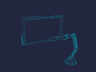 Robotic arm with futuristic monitor. Vector outline illustration