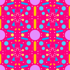 Contrast decorative abstract seamless ornament in Memphis style. Purple, blue, yellow forms, on pink background. Seamless vector for texture of fabric, paper, tile, etc.