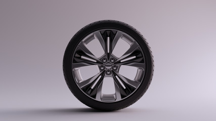 Obraz premium Koło obręczy ze stopu z 5 szczegółowe rozszerzone szprychy Open Wheel Design Srebrny chromowany czarny chrom z Racing Tire 3d illustration 3d render