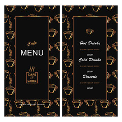Menu template for cafe, coffee house, bar. Hand-drawn gold pattern on a black background. vector illustration