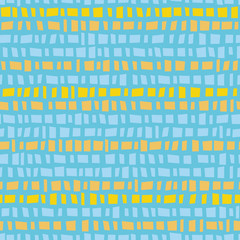 Blue and yellow mosaic terrazzo style horizontal striped design. Seamless vector pattern on blue background with fresh vibe. Great for wellness products, fabric, packaging, stationery, home decor