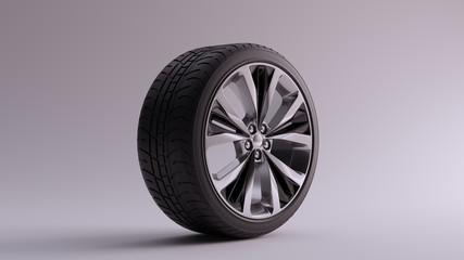 Obraz premium Alloy Rim Wheel with 5 Detailed Flared Spokes Open Wheel Design Silver Chrome an Black Chrome with Racing Tyre 3d illustration 3d render